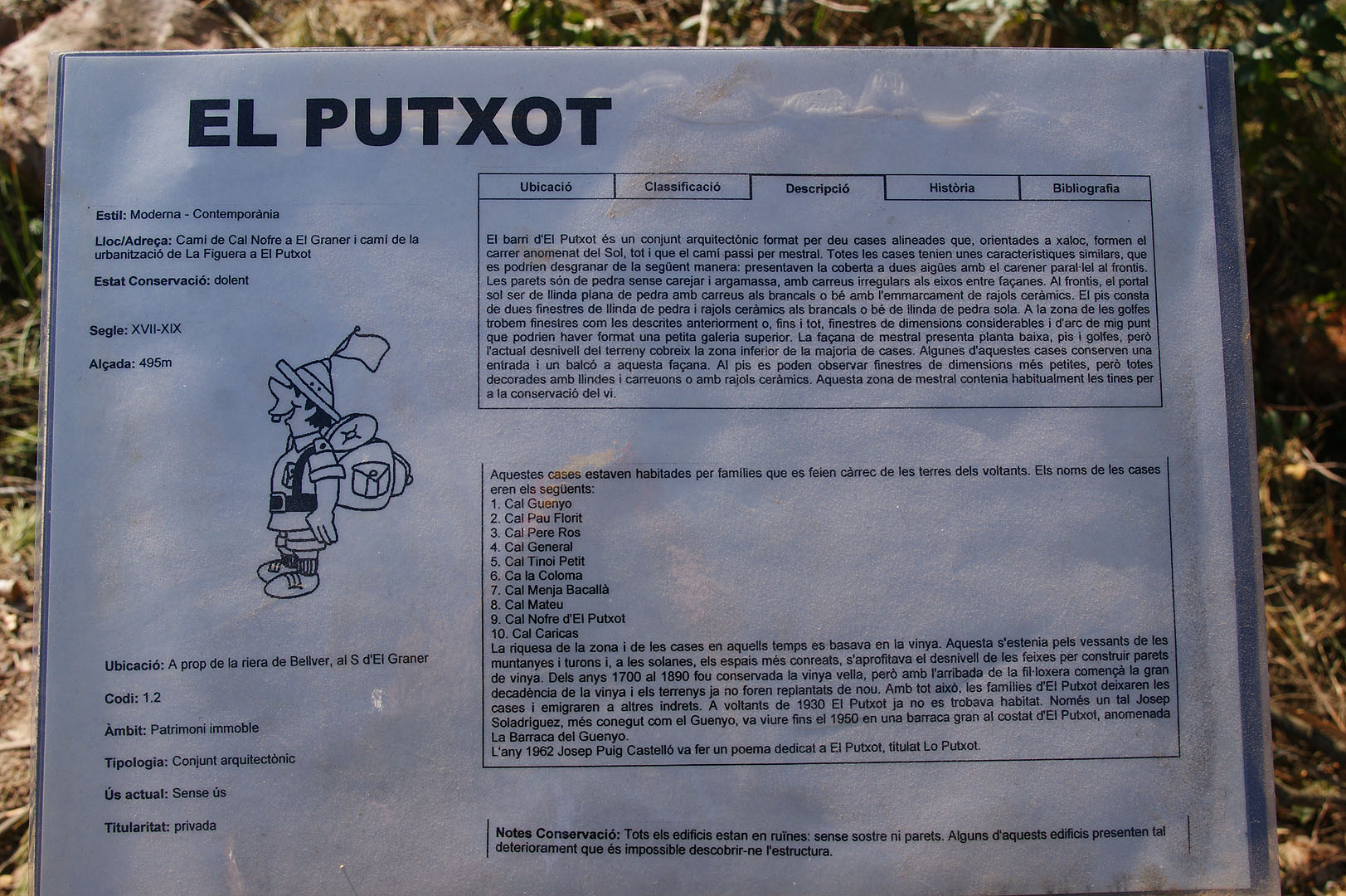 Panell explicatiu de lar ruïnes del llogarret del Putxot.
