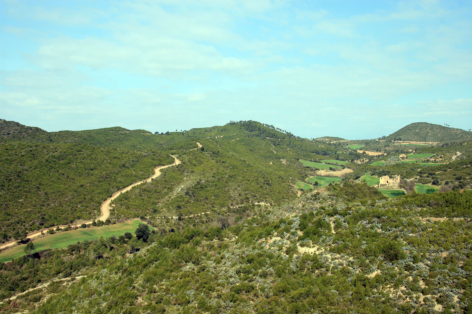 De moment el camí era enlairat i podíem veure al fons una masia en ruïnes per on passaríem. Mancava baixar fins el fonts del torrent per arribar-hi.